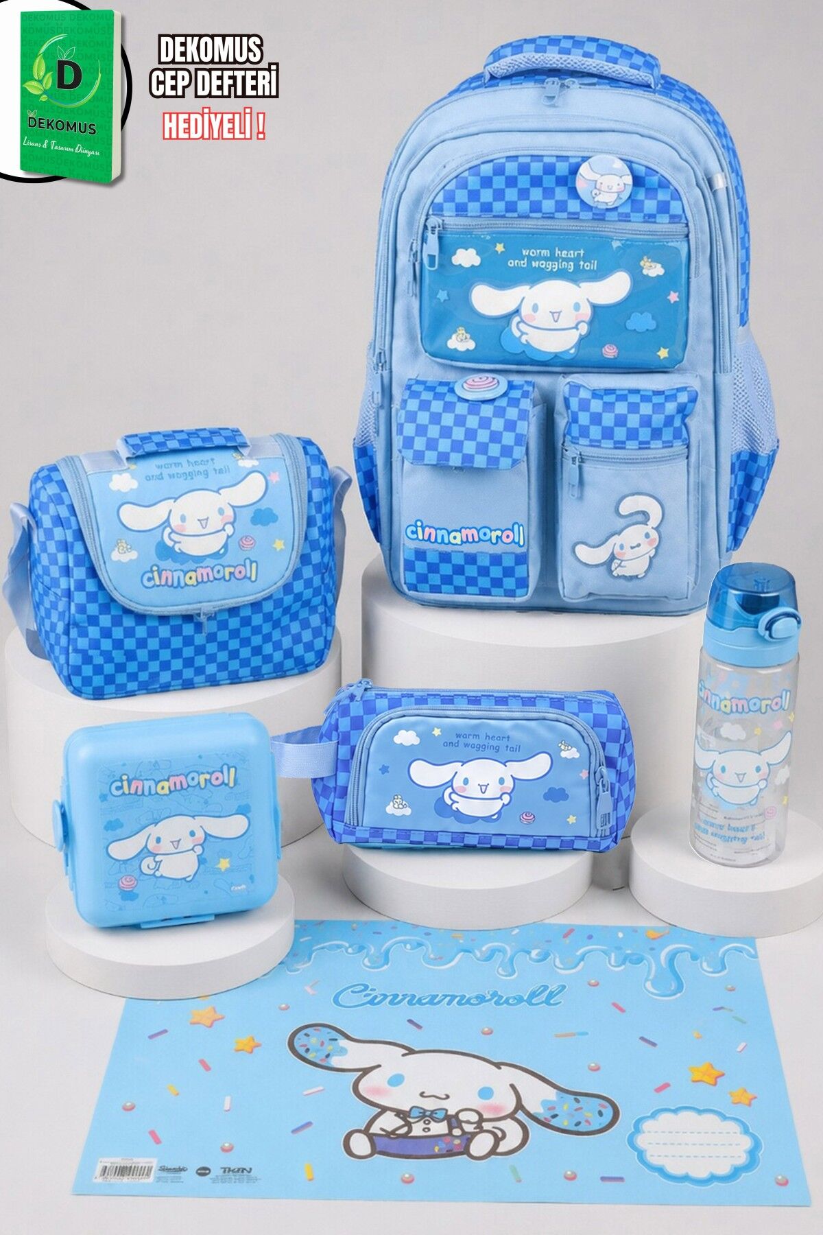 x Dekomus Lisanslı Cinnamoroll Blue Cloud Collection Okul,Termoslu Beslenme ve Kalem Çantası,Matara,Beslenme Kabı,Beslenme Örtüsü Seti