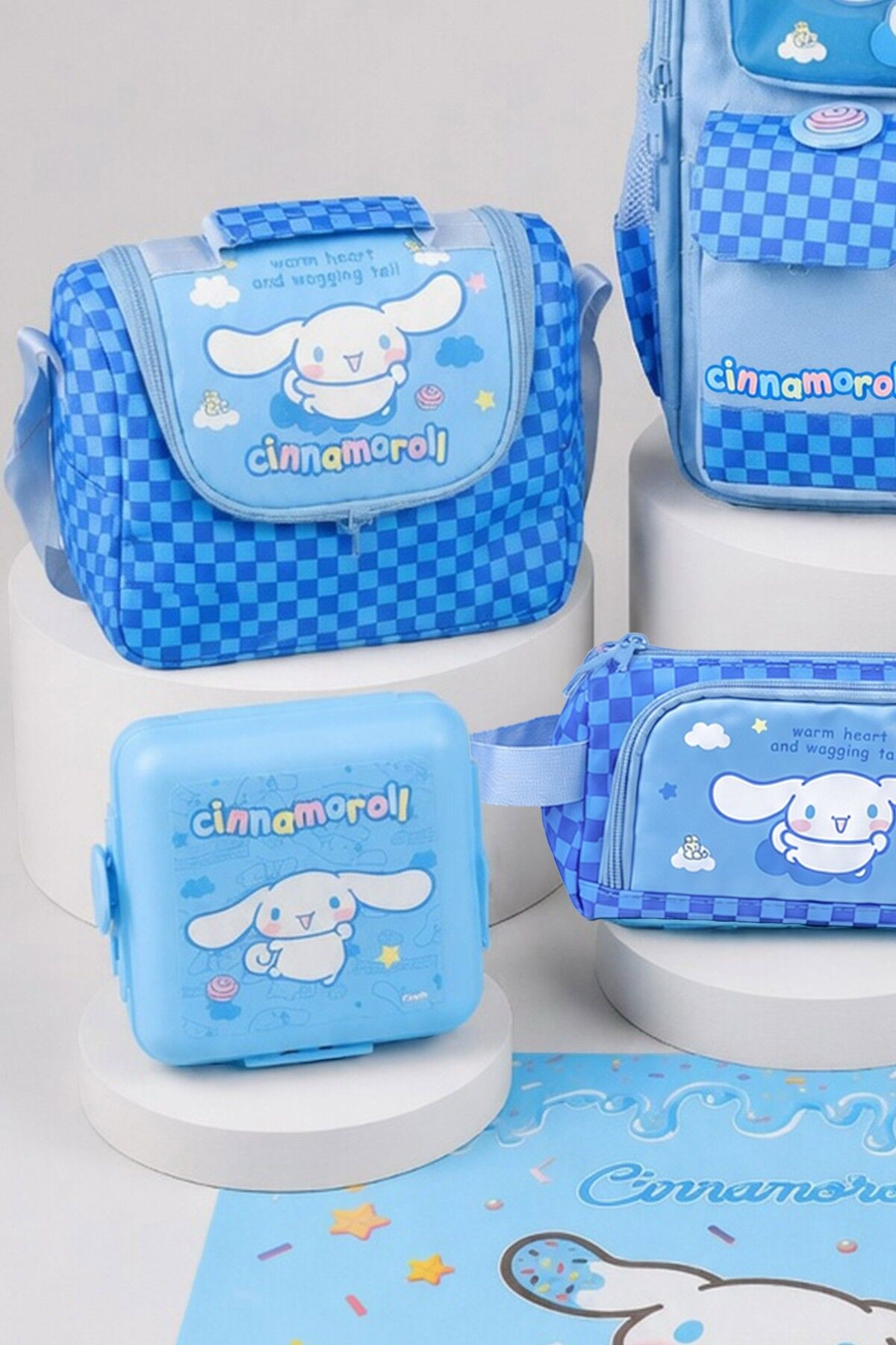 x Dekomus Lisanslı Cinnamoroll Blue Cloud Collection Okul,Termoslu Beslenme ve Kalem Çantası,Matara,Beslenme Kabı,Beslenme Örtüsü Seti