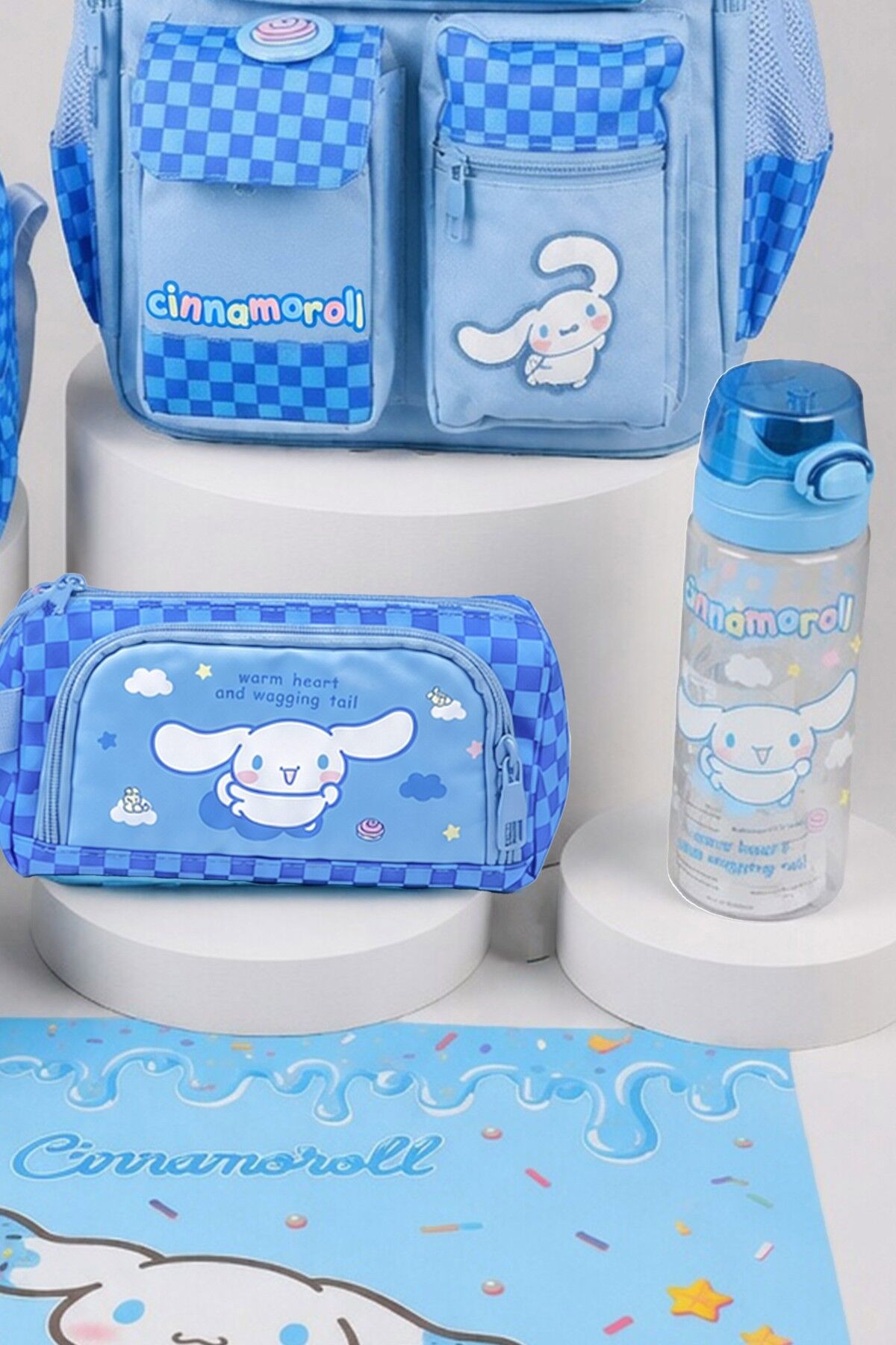 x Dekomus Lisanslı Cinnamoroll Blue Cloud Collection Okul,Termoslu Beslenme ve Kalem Çantası,Matara,Beslenme Kabı,Beslenme Örtüsü Seti