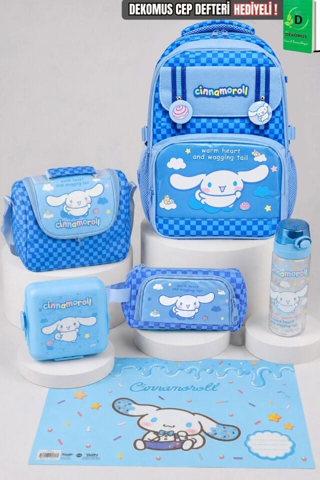 x Dekomus Lisanslı Cinnamoroll Blue Cloud Collection Okul,Termoslu Beslenme ve Kalem Çantası,Matara,Beslenme Kabı,Beslenme Örtüsü Seti