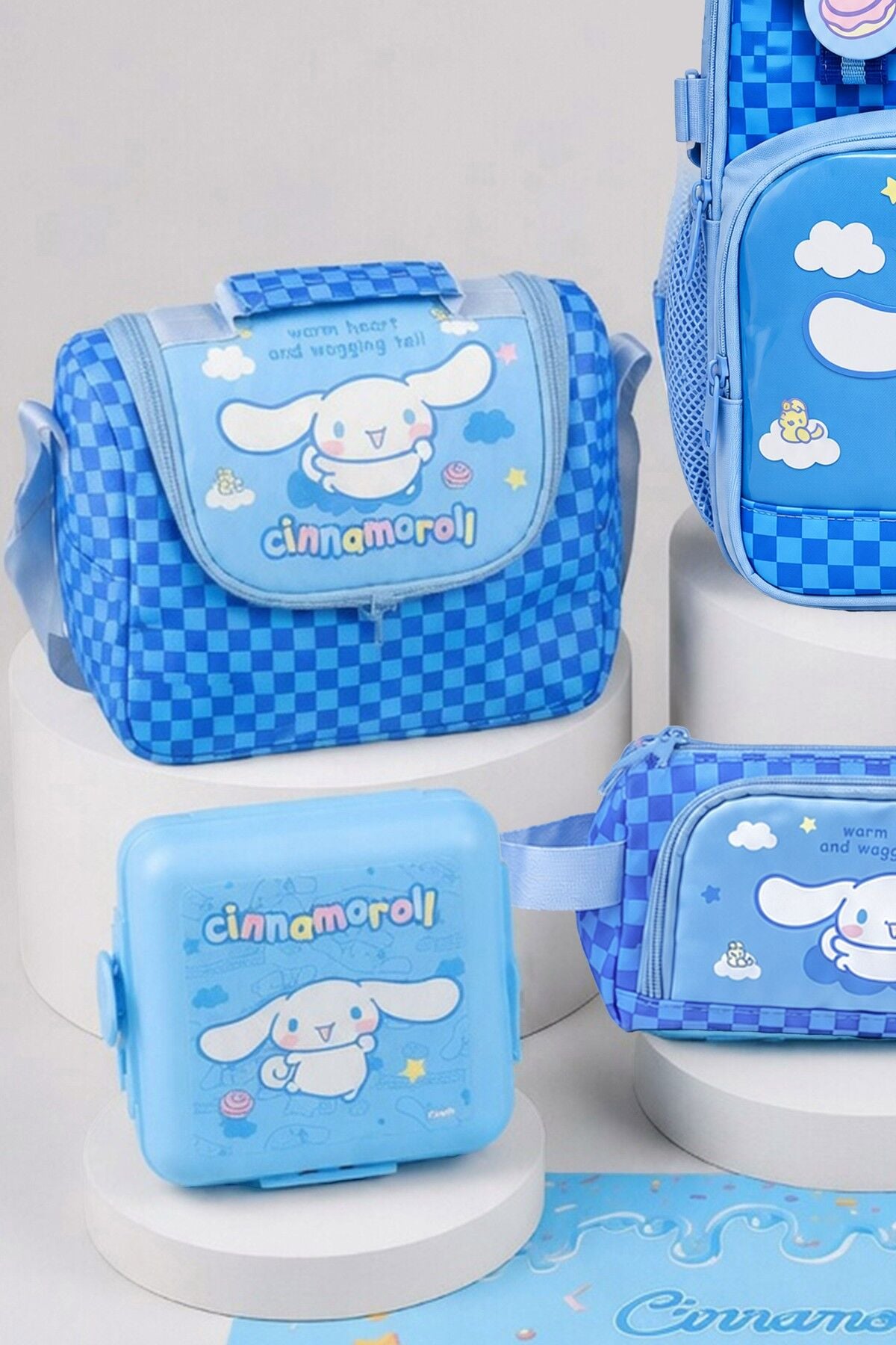 x Dekomus Lisanslı Cinnamoroll Blue Cloud Collection Okul,Termoslu Beslenme ve Kalem Çantası,Matara,Beslenme Kabı,Beslenme Örtüsü Seti