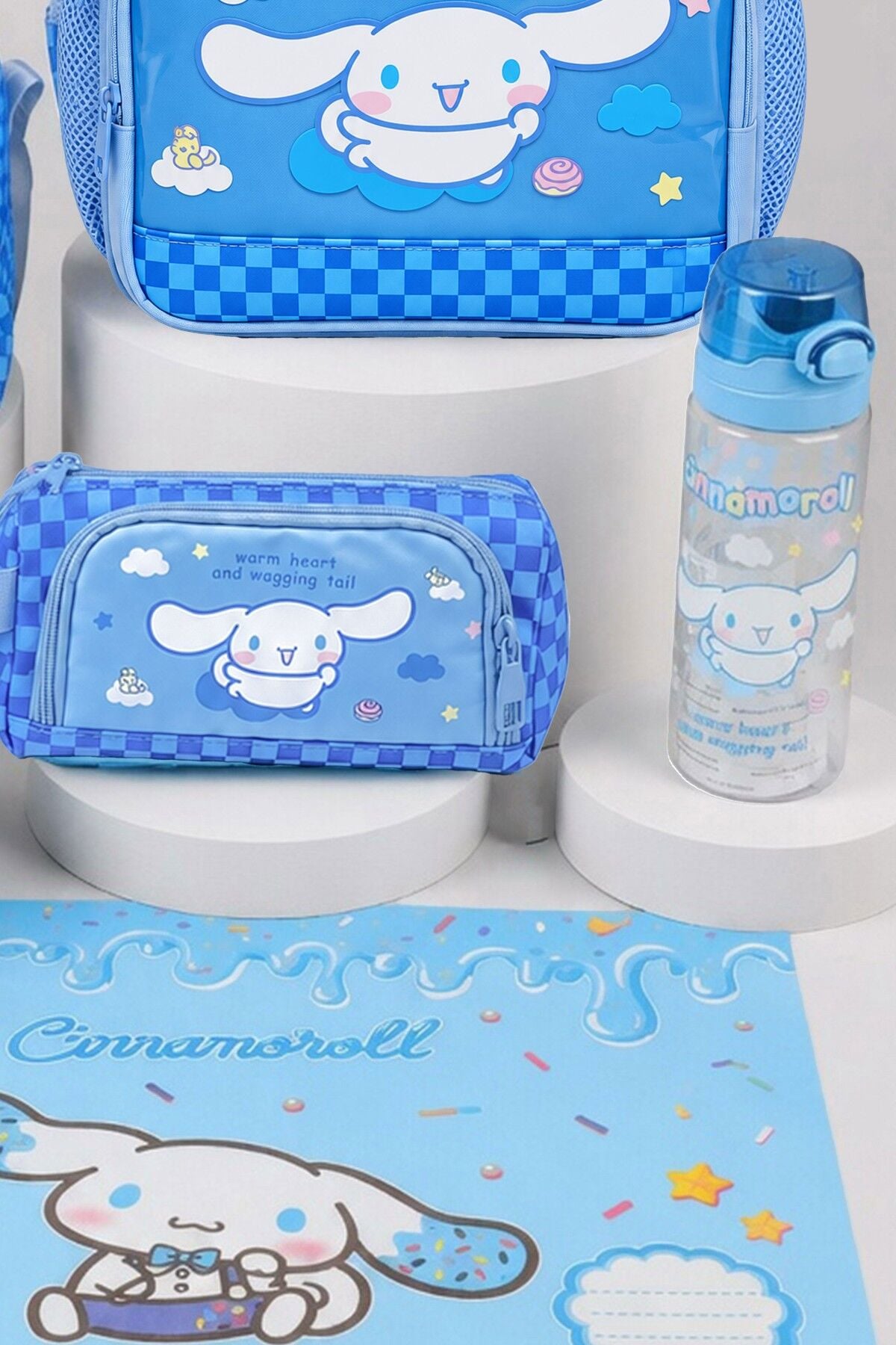 x Dekomus Lisanslı Cinnamoroll Blue Cloud Collection Okul,Termoslu Beslenme ve Kalem Çantası,Matara,Beslenme Kabı,Beslenme Örtüsü Seti