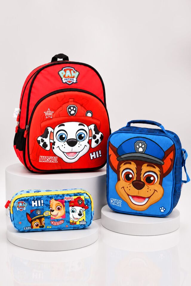 x Dekomus Lisanslı Paw Patrol Marshall 35 Cm Küçük Boy Anaokul Çantası,Termoslu Beslenme Çantası ve Kalem Çantası Seti