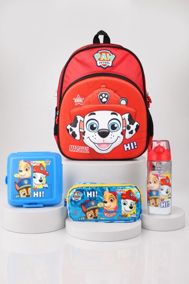 x Dekomus Lisanslı Paw Patrol Marshall 35 Cm Küçük Boy Anaokul Çantası,Kalem Çantası,Beslenme Kabı,Matara Seti