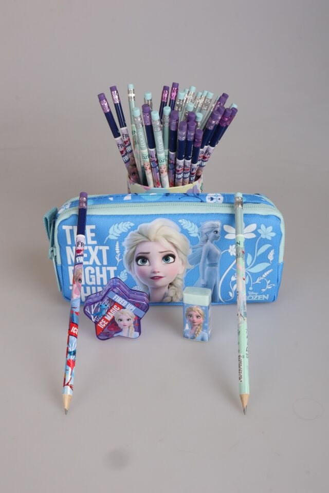 DEKOMUS LİSANSLI FROZEN ELSA KALEM ÇANTASI,2 ADET SİLGİLİ KURŞUN KALEM , YILDIZ KALEMTRAŞ VE SİLGİ KIRTASİYE OKUL SETİ