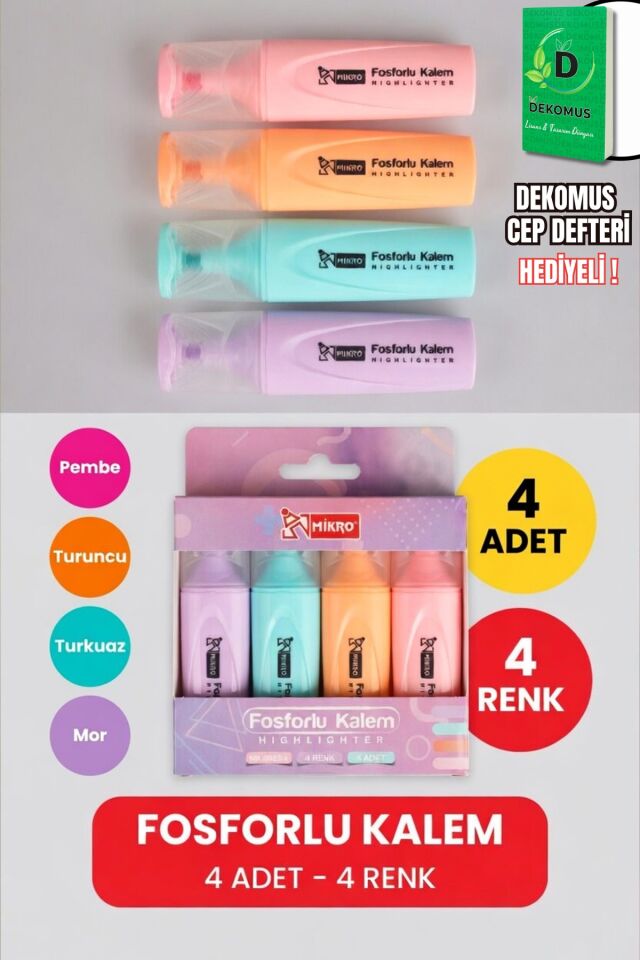 x Dekomus Pastel Touch Collection 4'lü Fosforlu Kalem Seti ''Dekomus Cep Defteri Hediyeli''