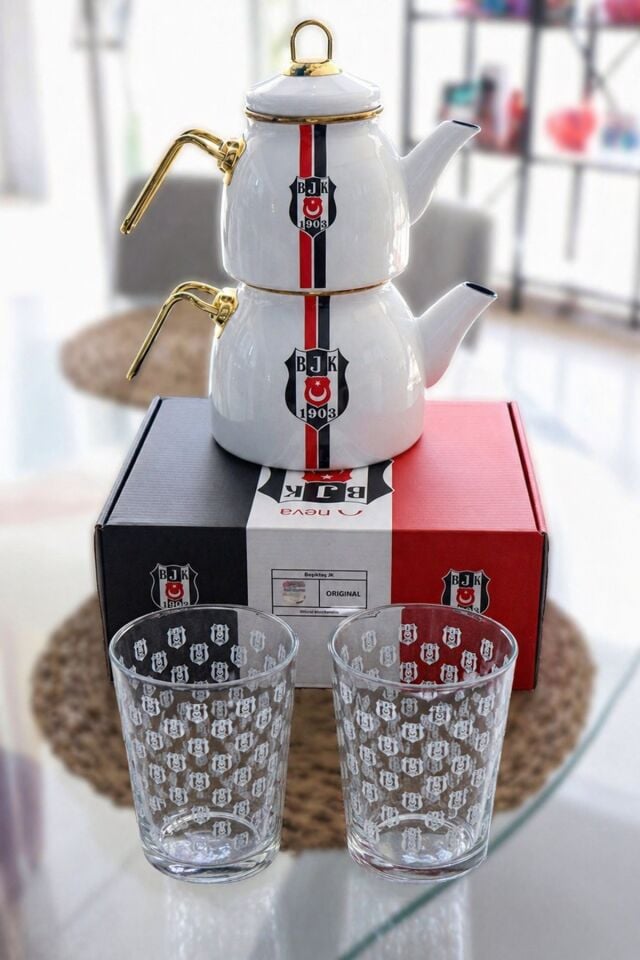 x Dekomus Lisanslı Beşiktaş Çaydanlık ve 2 Adet Su Bardağı Seti