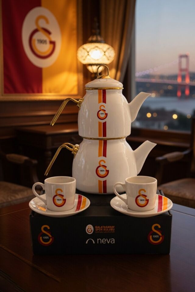 x Dekomus Lisanslı Galatasaray 2 Kişilik Kahve Fincan Takımı ve Çaydanlık Seti