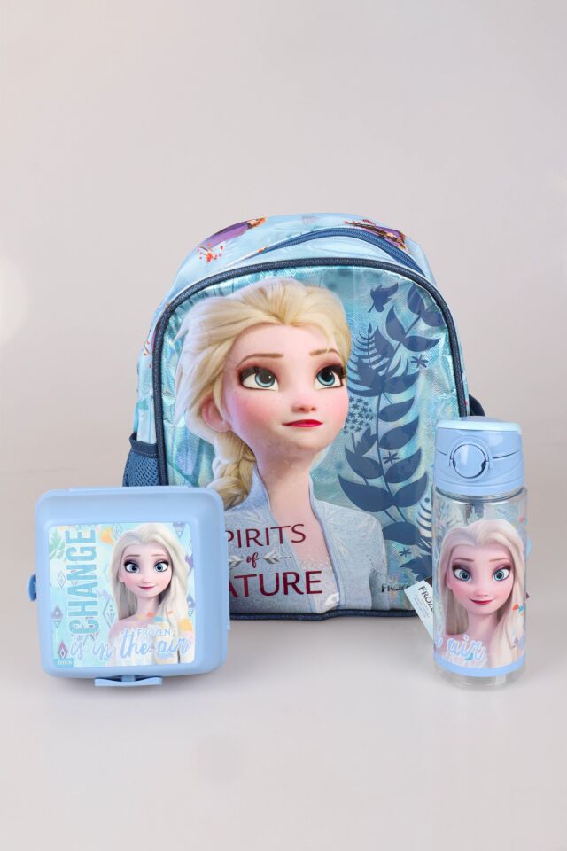 DEKOMUS LİSANSLI ELSA FROZEN TEK BÖLMELİ KÜÇÜK BOY 32 CM ANAOKUL ÇANTASI,BESLENME KABI VE 500 ML TRITAN MATARA OKUL/KIRTASİYE SETİ