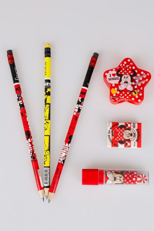DEKOMUS İLE LİSANSLI MINNIE MOUSE 3 ADET SİLGİLİ KURŞUN KALEM,RUJ SİLGİ VE YILDIZ KALEMTRAŞ SETİ