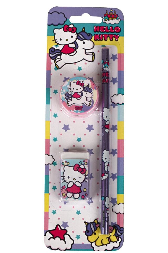 DEKOMUS İLE LİSANSLI HELLO KITTY 3'LÜ KIRTASİYE SETİ KURŞUN KALEM,SİLGİ VE KALEMTRAŞ