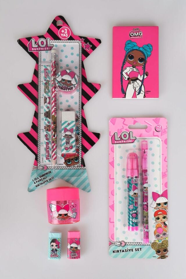 LİSANSLI L.O.L. SURPRISE 10 PARÇA KIRTASİYE SETİ ÇİFT TARAFLI NOT DEFTERİ,CETVEL,KURŞUN KALEM,KALEMTRAŞ VE SİLGİ SETİ