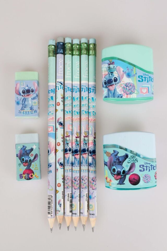 DEKOMUS İLE LİSANSLI STITCH 6 ADET SİLGİLİ KURŞUN KALEM,2 ADET SİLGİ VE2 ADET KALEMTRAŞ SETİ