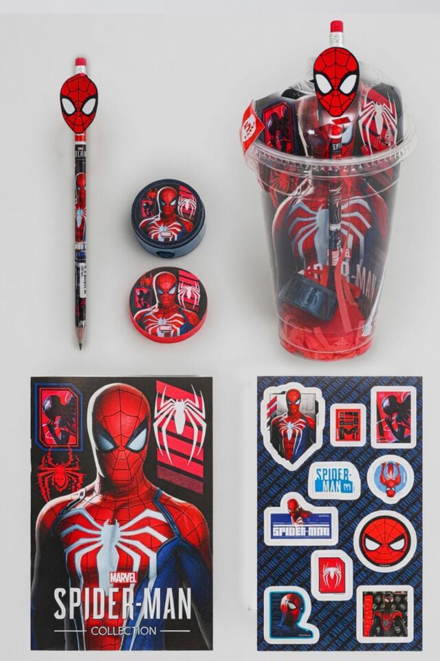 x Dekomus Lisanslı Spiderman Hero Force Collection Cup 5 Parça Kırtasiye Seti Sticker, Tüylü Kalem ''Dekomus Cep Defteri Hediyeli''