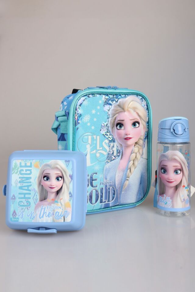DEKOMUS LİSANSLI ELSA FROZEN ''BESLENME ÇANTASI,BESLENME KABI VE 500 ML TRITAN MATARA OKUL BESLENME SETİ