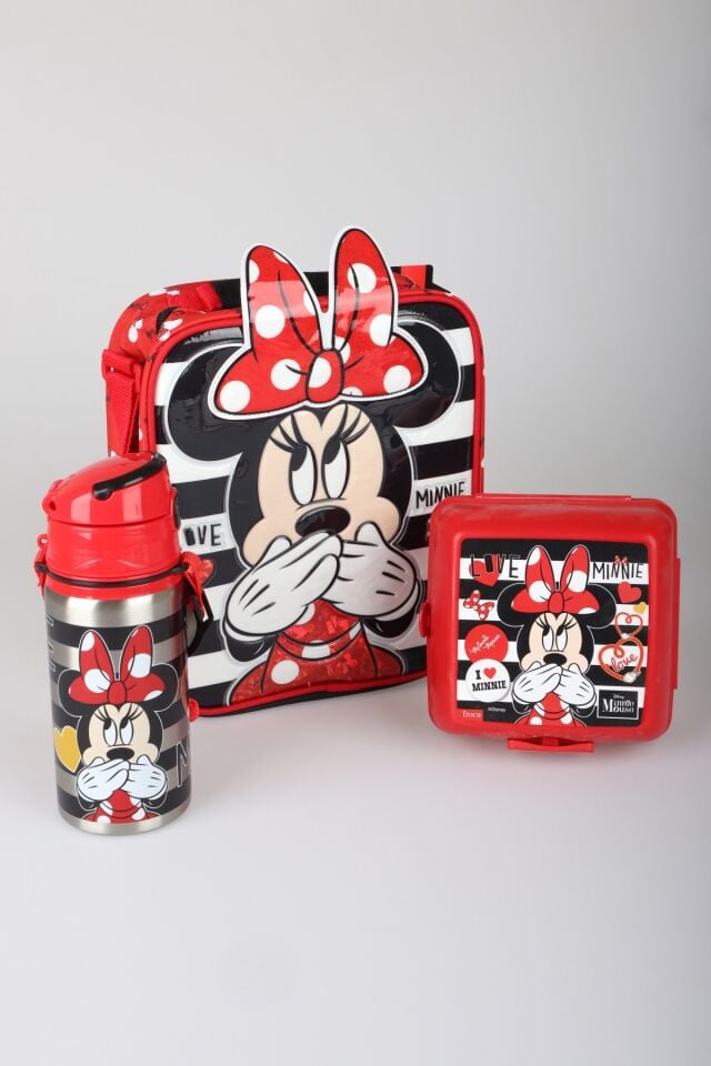 x Dekomus Lisanslı Minnie Mouse Beslenme Çantası,500 ML Çelik Matara ve Beslenme Kabı Seti