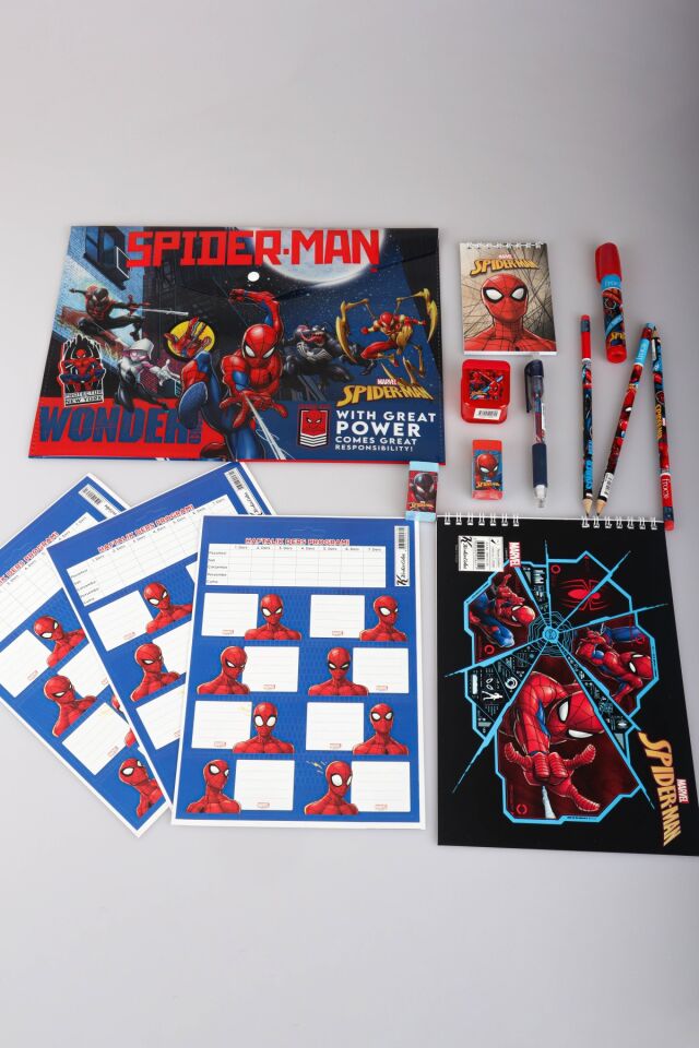 LİSANSLI SPIDERMAN 14 PARÇA KIRTASİYE SETİ,ÇITÇIT DOSYA,OKUL ETİKETİ,BLOKNOT,3 ADET KURŞUN KALEM,KALEMTRAŞ,ROKET SİLGİ