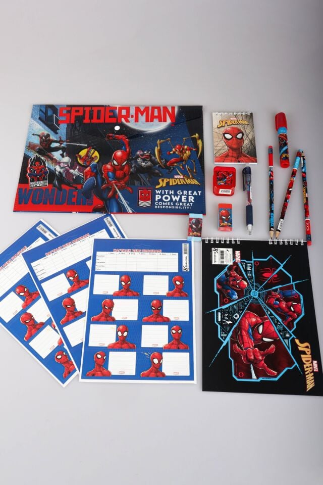 LİSANSLI SPIDERMAN 14 PARÇA KIRTASİYE SETİ,ÇITÇIT DOSYA,OKUL ETİKETİ,BLOKNOT,3 ADET KURŞUN KALEM,KALEMTRAŞ,ROKET SİLGİ