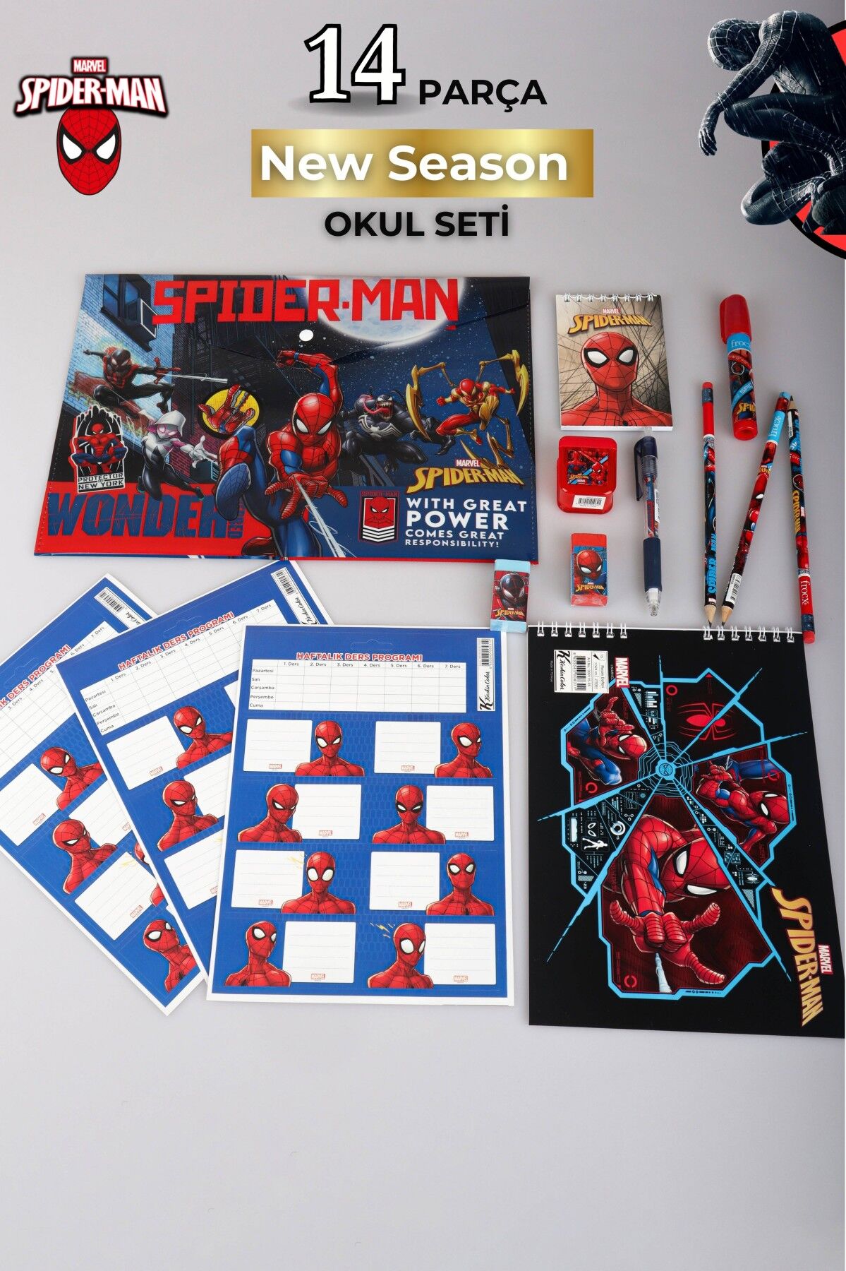 LİSANSLI SPIDERMAN 14 PARÇA KIRTASİYE SETİ,ÇITÇIT DOSYA,OKUL ETİKETİ,BLOKNOT,3 ADET KURŞUN KALEM,KALEMTRAŞ,ROKET SİLGİ