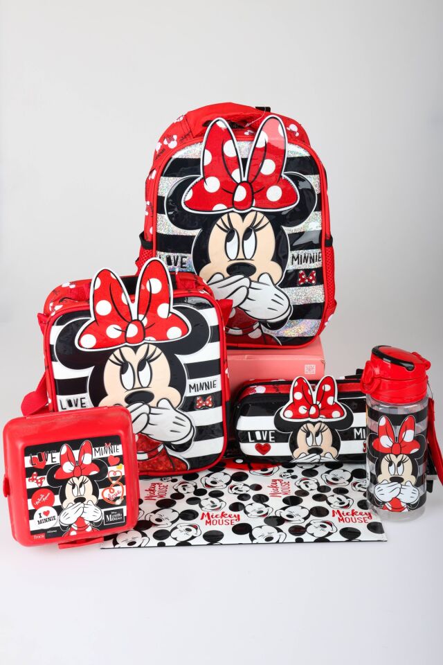 x Dekomus Lisanslı Minnie Mouse Tek Bölmeli Küçük Boy Anaokul,Beslenme ve Kalem Çantası,Matara,Beslenme Kabı,Çıtçıt Dosya Seti