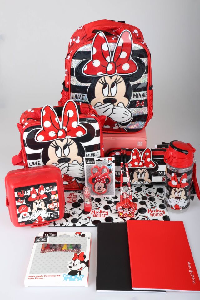 x Dekomus Lisanslı Minnie Mouse Full Kırtasiye Seti Tek Bölmeli Küçük Boy Anaokul,Beslenme ve Kalem Çantası,Matara,Beslenme Kabı,Çıtçıt Dosya Seti
