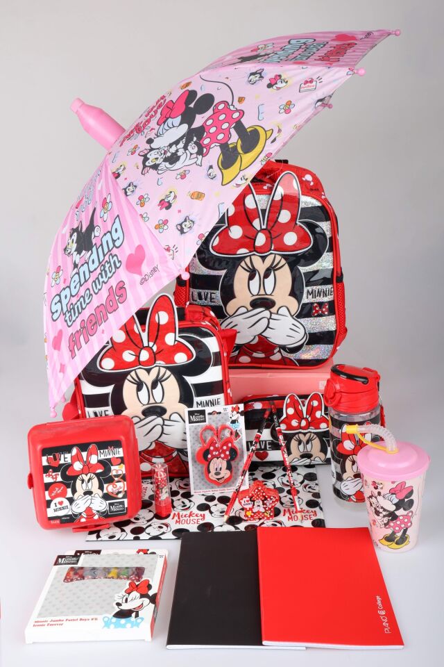x Dekomus Lisanslı Minnie Mouse Şemsiyeli Full Kırtasiye Seti Tek Bölmeli Küçük Boy Anaokul,Beslenme ve Kalem Çantası,Matara,Beslenme Kabı,Çıtçıt Dosya Seti