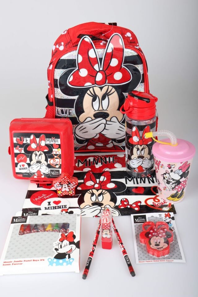 x Dekomus Lisanslı Minnie Mouse Kırtasiye Seti Tek Bölmeli Küçük Boy Anaokul Çantası,Matara,Beslenme Kabı,Çıtçıt Dosya Seti