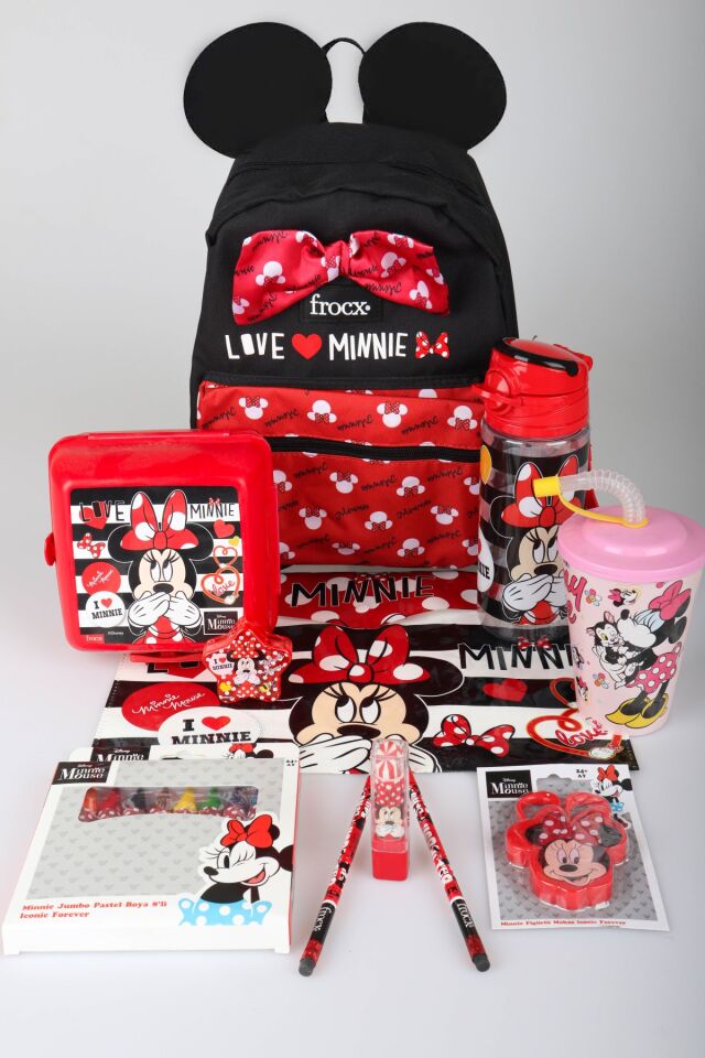 x Dekomus Lisanslı Minnie Mouse Kırtasiye Seti Love Collection Küçük Boy Anaokul Çantası,Matara,Beslenme Kabı,Çıtçıt Dosya Seti