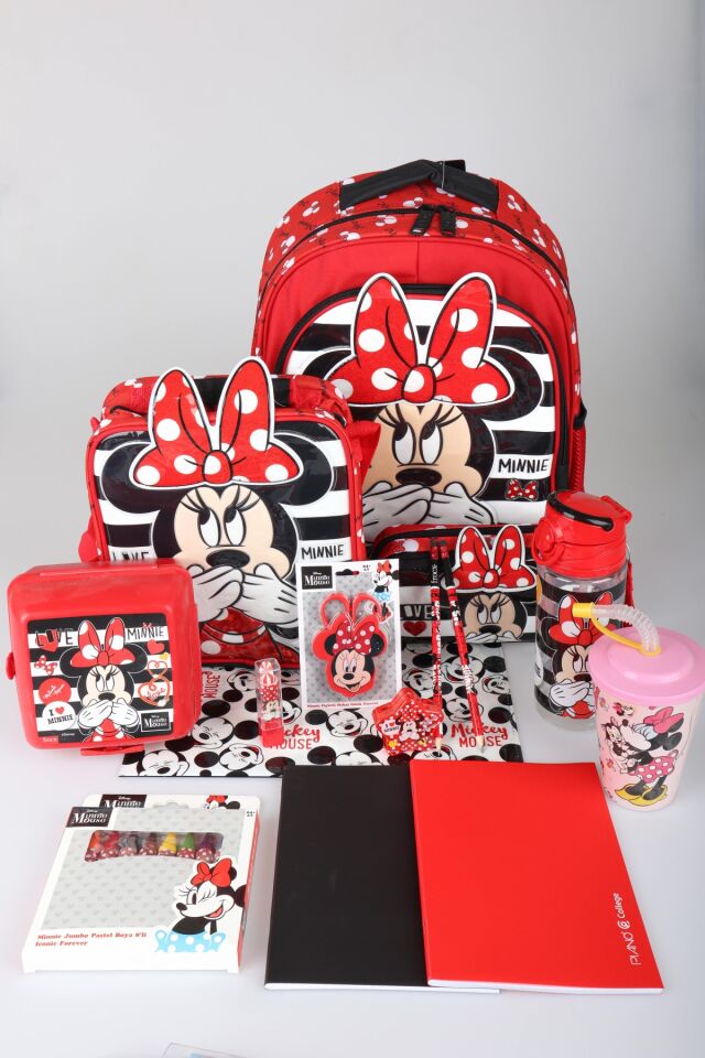 x Dekomus Lisanslı Minnie Mouse Full Kırtasiye Seti Büyük Boy Okul,Beslenme ve Kalem Çantası,Beslenme Kabı,Matara,Çıtçıt Dosya Seti