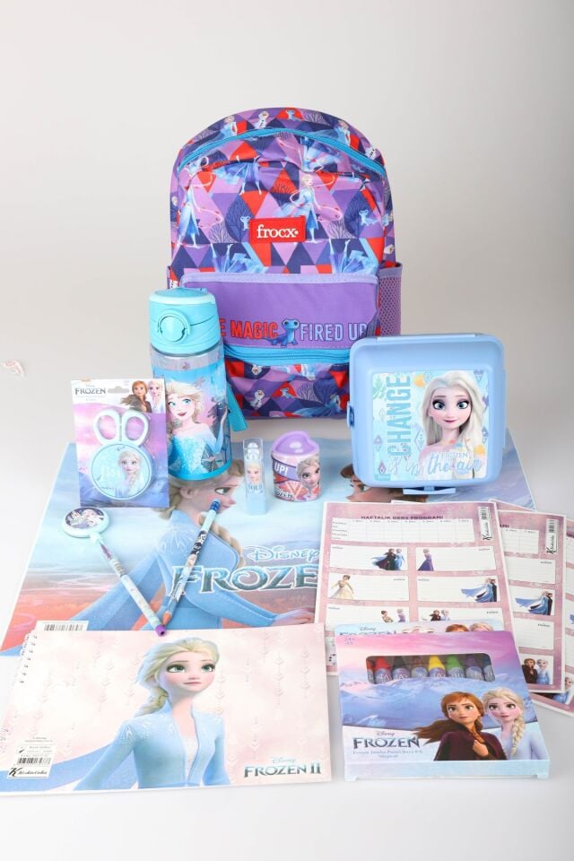 x Dekomus Lisanslı Elsa Frozen Full Kırtasiye Seti Anaokul Çantası,Beslenme Kabı,Matara,Beslenme Örtüsü
