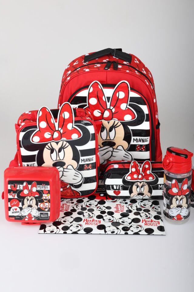 x Dekomus Lisanslı Minnie Mouse Büyük Boy Okul,Beslenme ve Kalem Çantası,Beslenme Kabı,Matara,Çıtçıt Dosya Seti