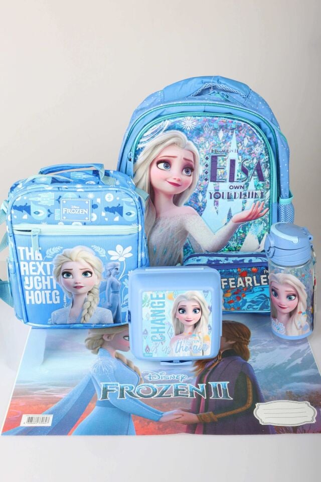 Dekomus Lisanslı Elsa Frozen Snow Crystal Collection Büyük Boy Okul,Beslenme ve Kalem Çantası,Beslenme Kabı,Matara,Beslenme Örtüsü Seti
