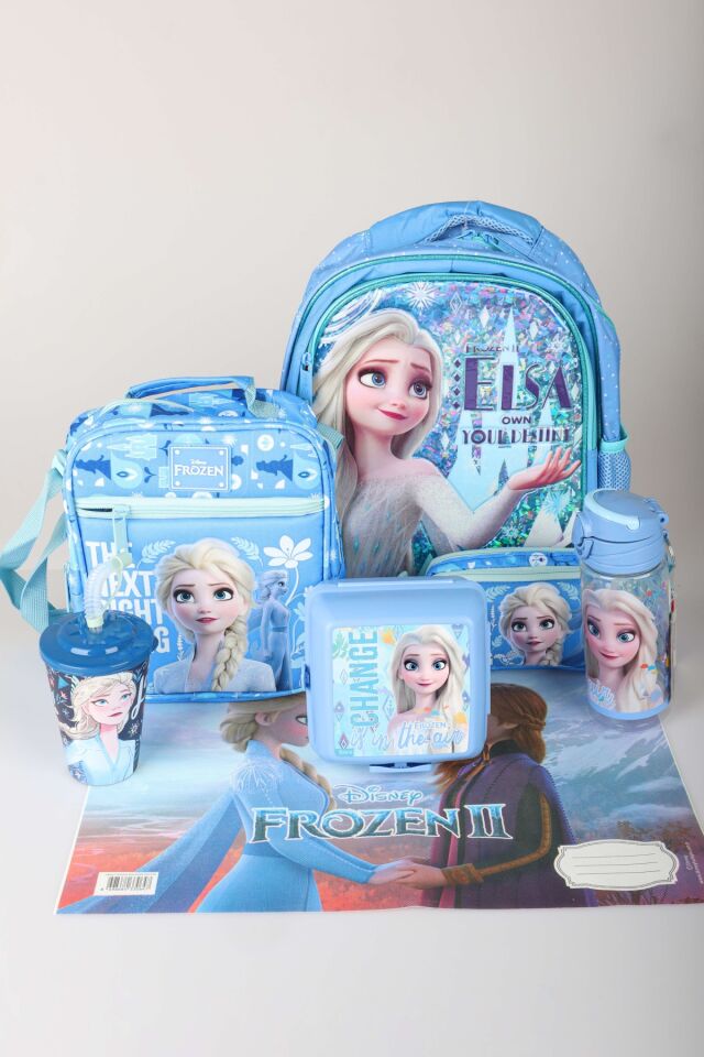 Dekomus Lisanslı Elsa Frozen Snow Crystal Collection Büyük Boy Okul,Beslenme ve Kalem Çantası,Beslenme Kabı,Matara,Beslenme Örtüsü Seti