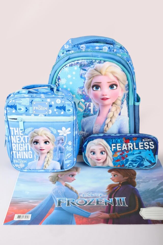 Dekomus Lisanslı Elsa Frozen Ice Glow Colleciton Büyük Boy Okul Çantası,Beslenme Çantası,Kalem Çantası ve Beslenme Örtüsü Seti