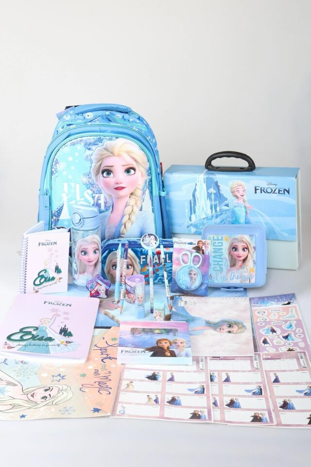 Dekomus Lisanslı Elsa Frozen Ice Glow Colleciton Full Kırtasiye Seti Büyük Boy Okul Çantası,Kalem Çantası,Beslenme Kabı,Matara