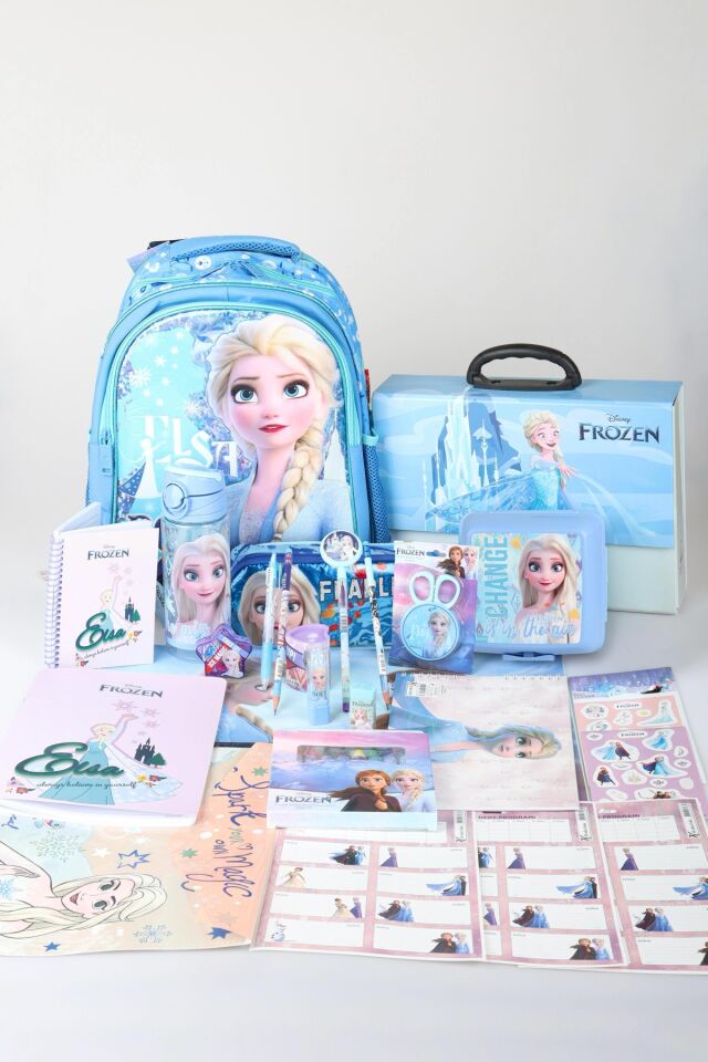 Dekomus Lisanslı Elsa Frozen Ice Glow Colleciton Full Kırtasiye Seti Büyük Boy Okul Çantası,Kalem Çantası,Beslenme Kabı,Matara
