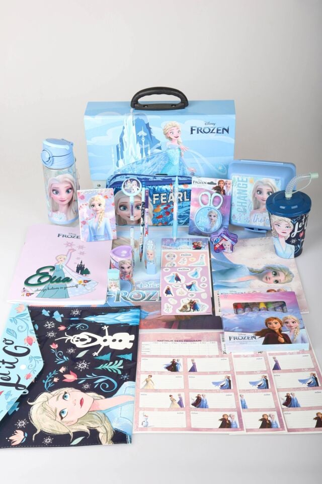 Dekomus Lisanslı Elsa Frozen Ice Glow Colleciton 32 Parça Full Kırtasiye Seti Kalem Çantası,Saplı Klasör,Beslenme Kabı,Matara
