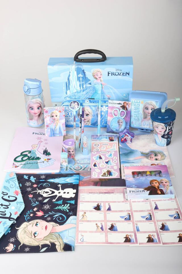 Dekomus Lisanslı Elsa Frozen Ice Glow Colleciton 32 Parça Full Kırtasiye Seti Kalem Çantası,Saplı Klasör,Beslenme Kabı,Matara